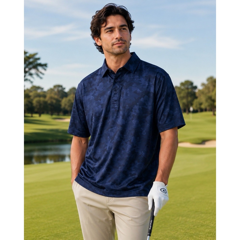 G/FORE XL Skull & Tees Icon Camo Golf Polo Navy Blue Performance -3286